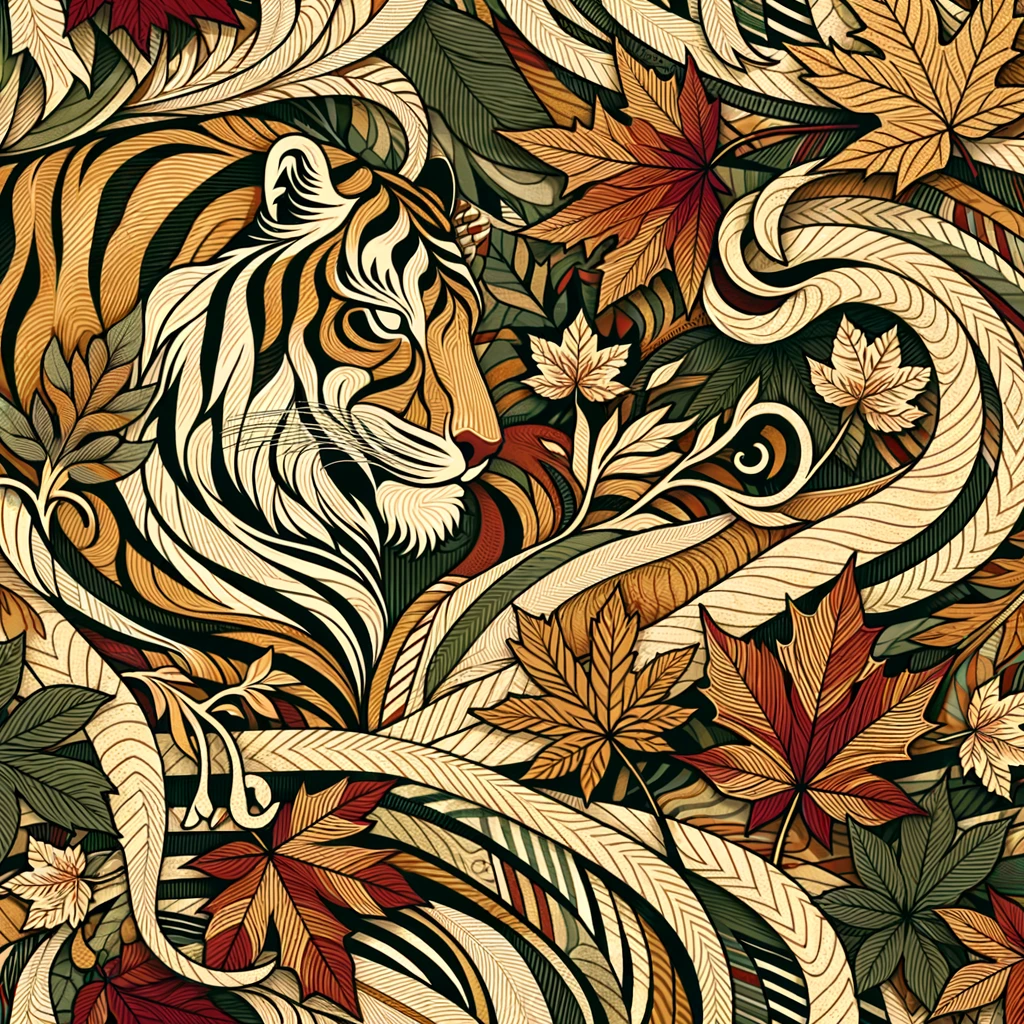 design pattern, camouflage pattern inspired by autumn forest, tiger stripes blended with maple leaves and branches, earthy colors (olive, rust, deep red, golden yellow), seamless design, modern fashion style emoji