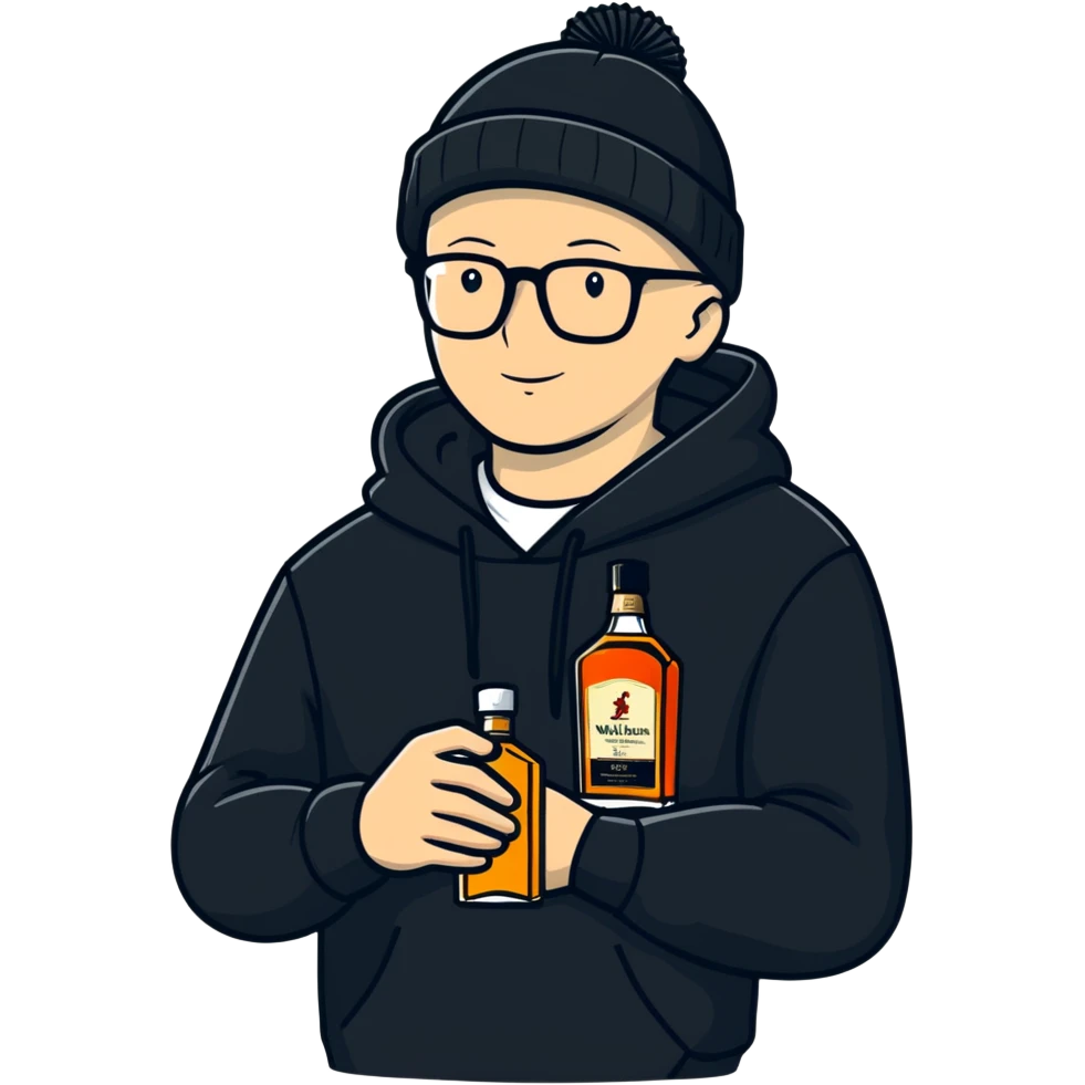 bald white guy with glasses, wearing a black beanie, black hoodie, holding a bottle of johnnie walker whiskey emoji