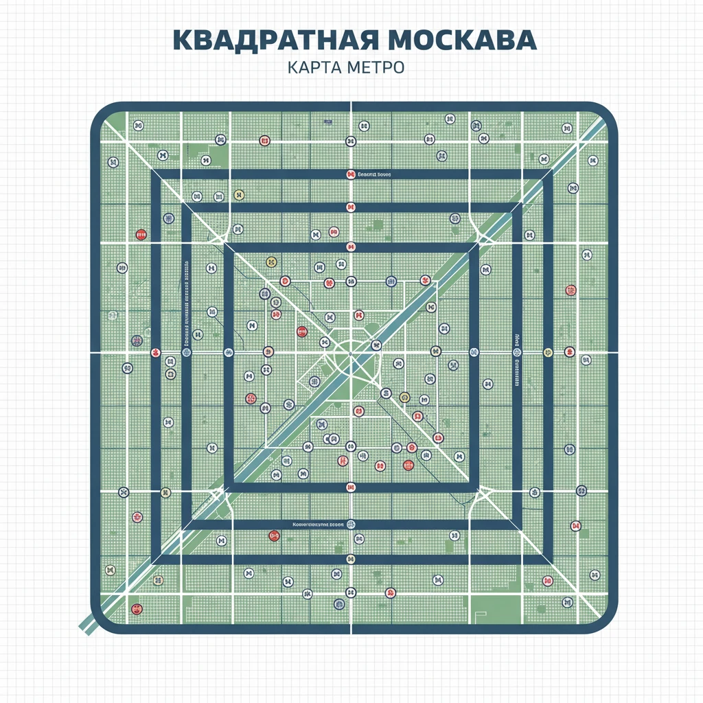 Карта квадратной Москвы, в которой вместо 3 колец - 3 больших квадрата

И станции метро раскиданы emoji