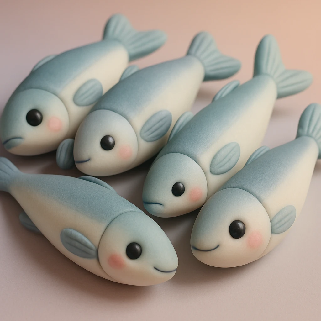 a group of anchovies with cute faces, fondant cake art style, pastel palette, no text emoji