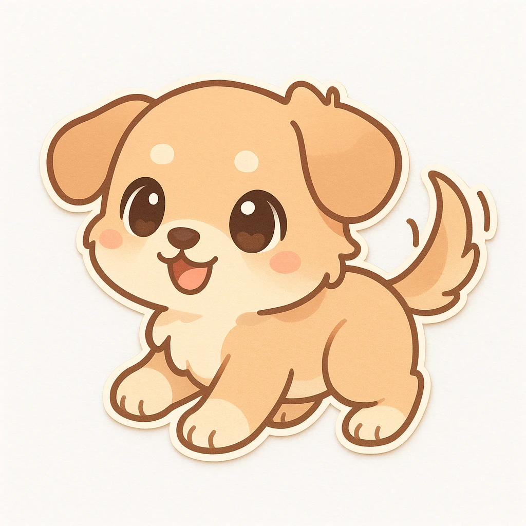 chibi sticker of a playful puppy with a wagging tail, pastel colors, big eyes, white background emoji