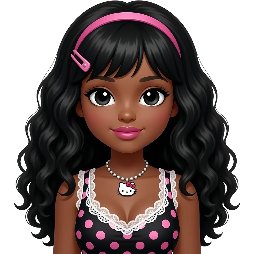black girl, pink lips, my melody hairclip, dark brown skin, Doll faced shaped, hello kitty necklace, bimbo, black doll eyes, Big lips, long curly black hair, with white or black lace pink polka dots with gyaru sleeveless shirt, with big breast emoji