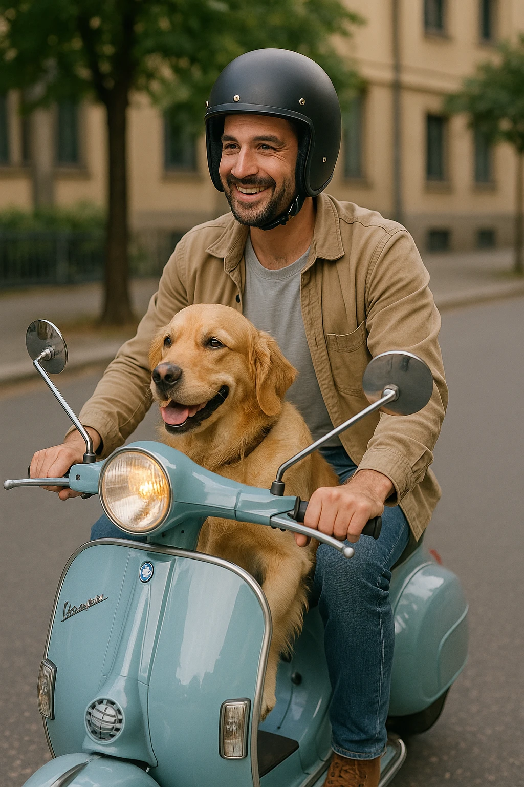 man and his pet dog riding a vespa emoji