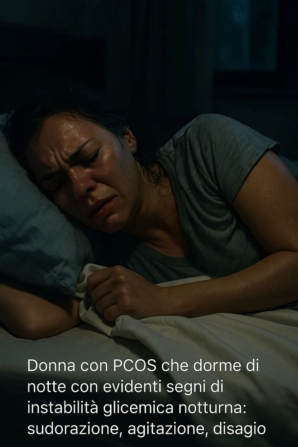 realistic and cinematic image of a woman with PCOS sleeping at night with evident signs of nocturnal glycemic instability: sweating, agitation, discomfort, nighttime atmosphere, detailed realism, Italian captions, vertical 2:3 format emoji
