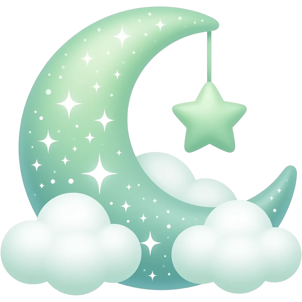 Cute pastel crescent moon emoji, same shape as reference. Keep original sparkly magical pattern and small hanging star. Recolor moon to soft gradient green shades (mint, sage, emerald). Clouds fluffy and mostly white with slight green tint. Glossy kawaii sticker, transparent background. emoji