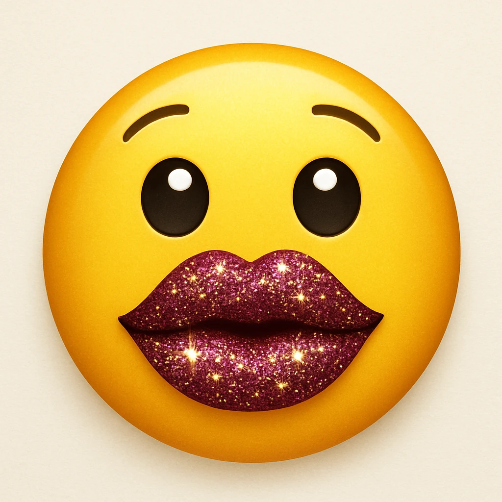 yellow face emoji with dramatic glitter lips emoji