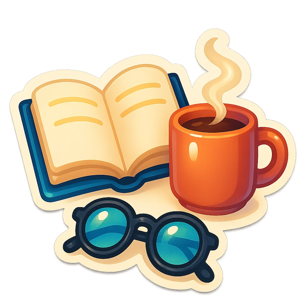 book, coffee cup, and glasses arranged together as a cozy reading scene, retro stickers style, clear outlines, strong shadows and highlights, fun and not too complex emoji