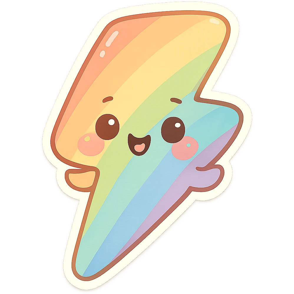 chibi sticker-style rainbow lightning bolt, cute and exaggerated emoji