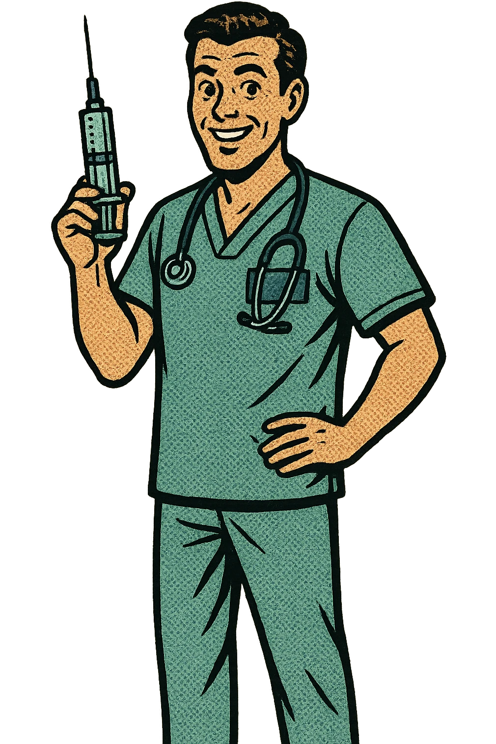 A full body of a friendly male nurse who is holding a vaccination syringe close to his body emoji