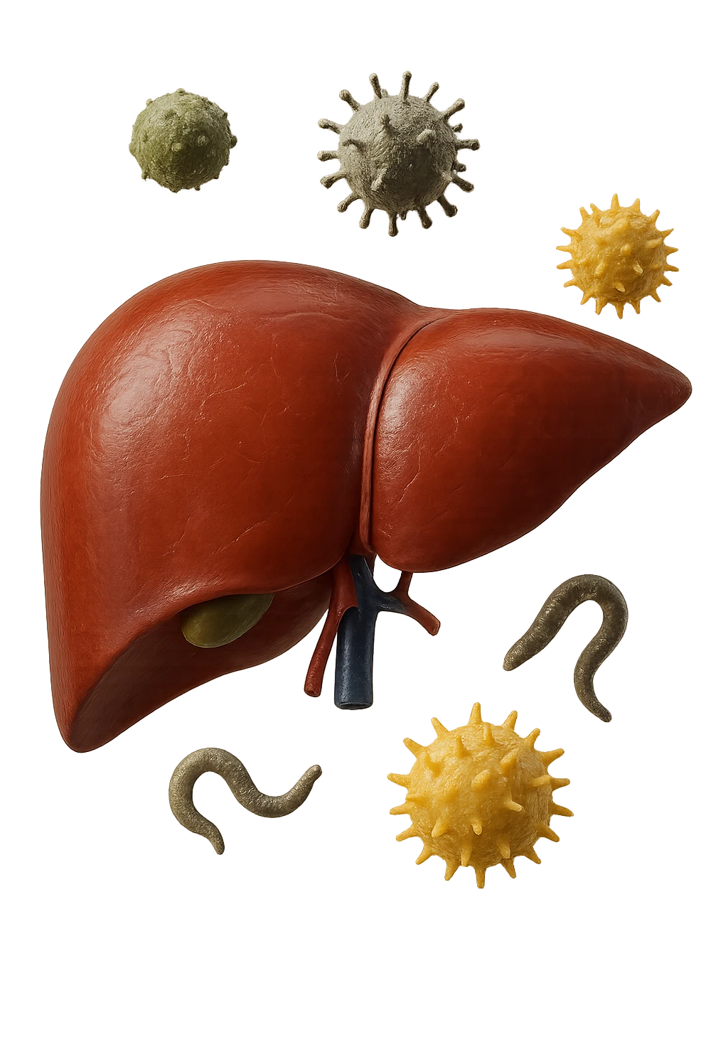 fegato umano anatomico con tossine che gli fluttuano intorno, iperrealistico 4k emoji