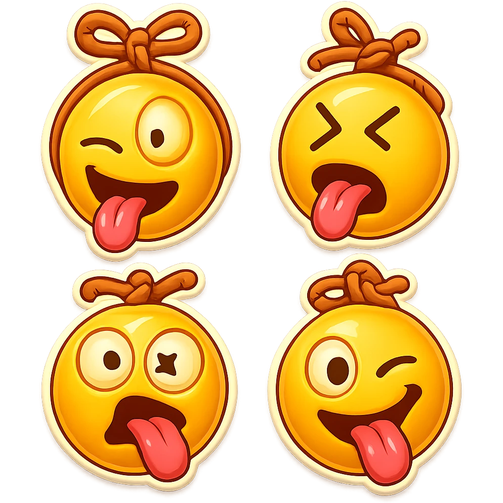 Create more emoji variations inspired by the reference image of a yellow emoji face with a silly expression, tongue out, and a rope tied in a decorative knot above the head. Keep the style playful and cartoonish, varying the facial expressions and rope knot shapes while maintaining the retro stickers style. emoji