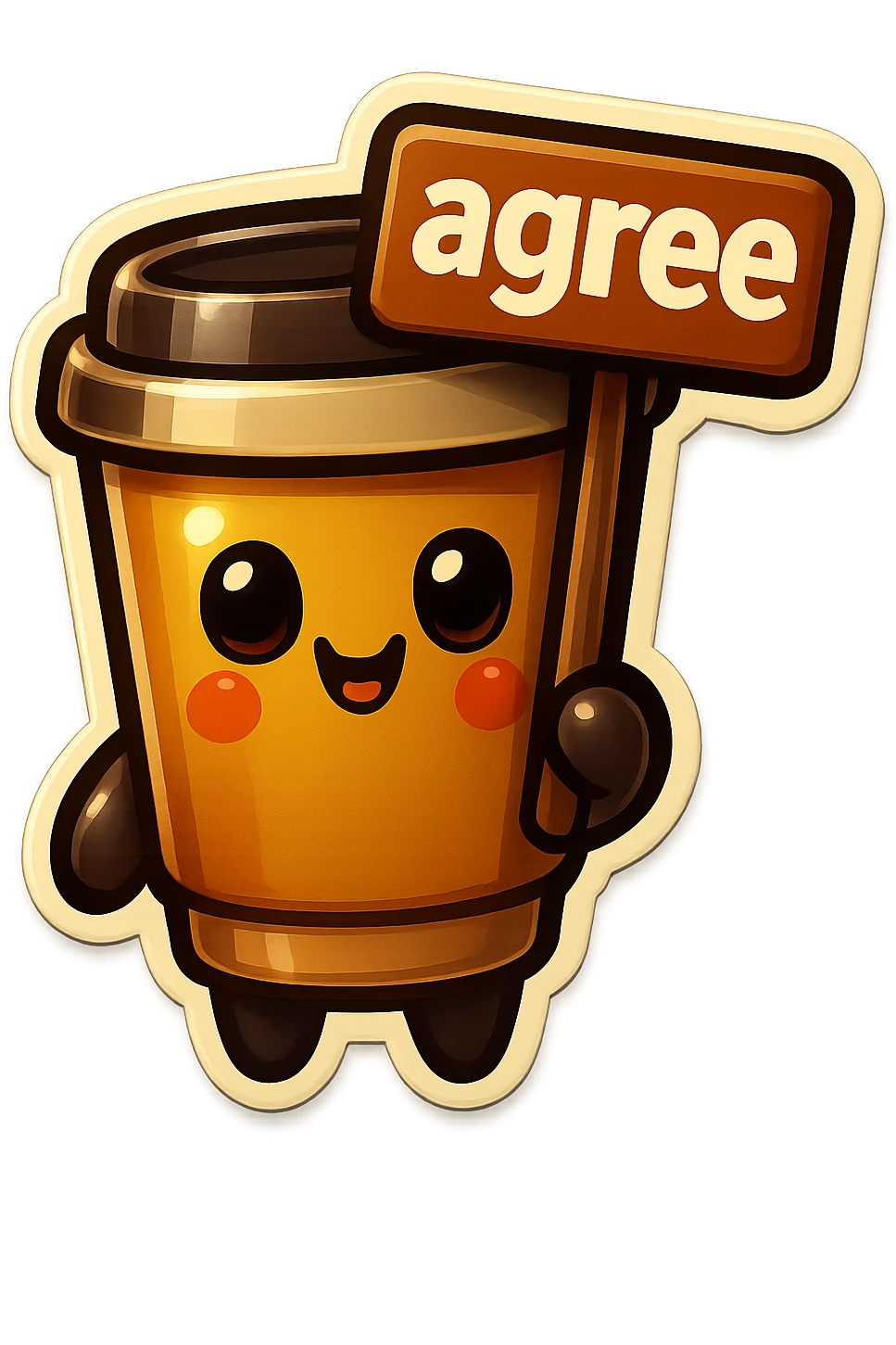 Tall coffee cup, no mouth, holding sign "agree" emoji