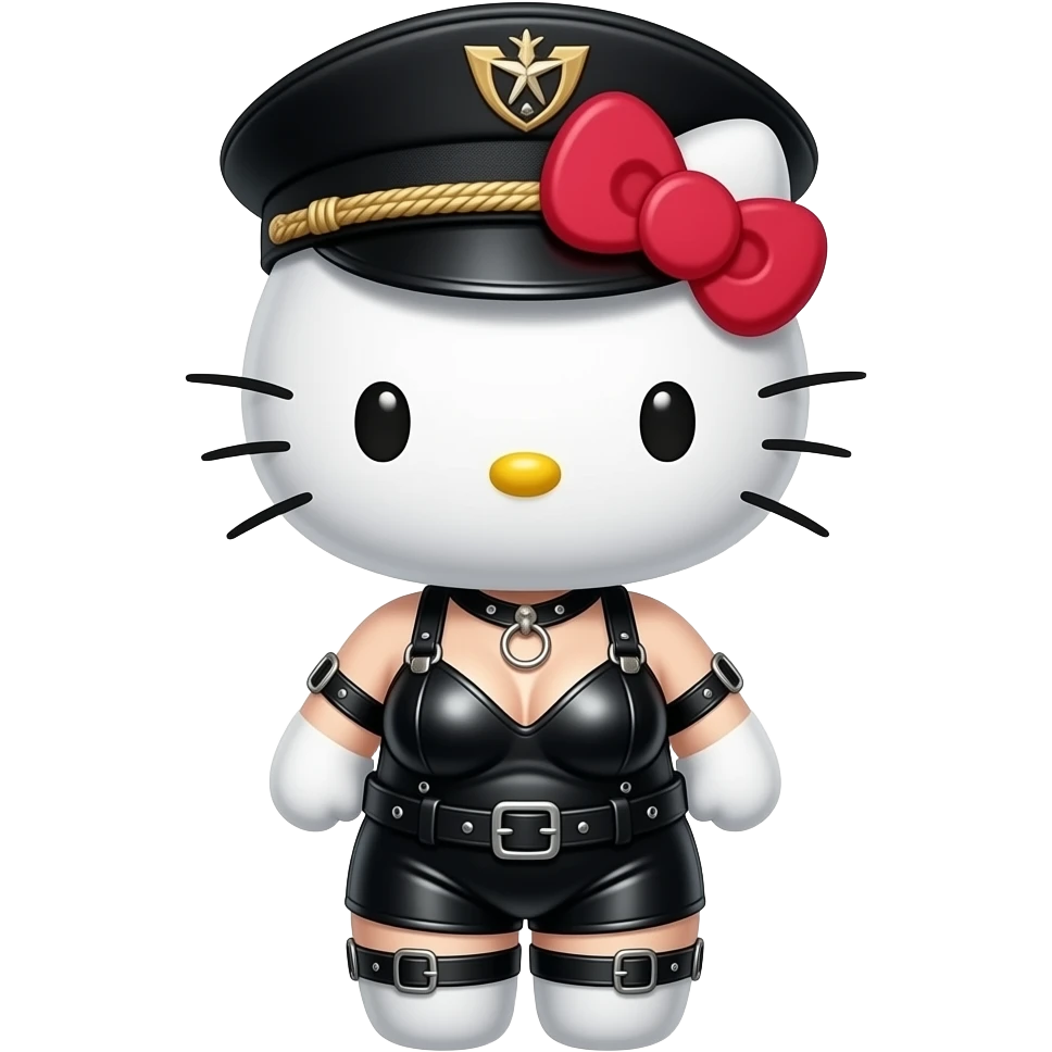 hello kitty representada de cuerpo entero como Dominatrix BDSM fetichista vestida de latex ajustado y O-ring harness, gorra militar de cuero con tachuelas, emoji