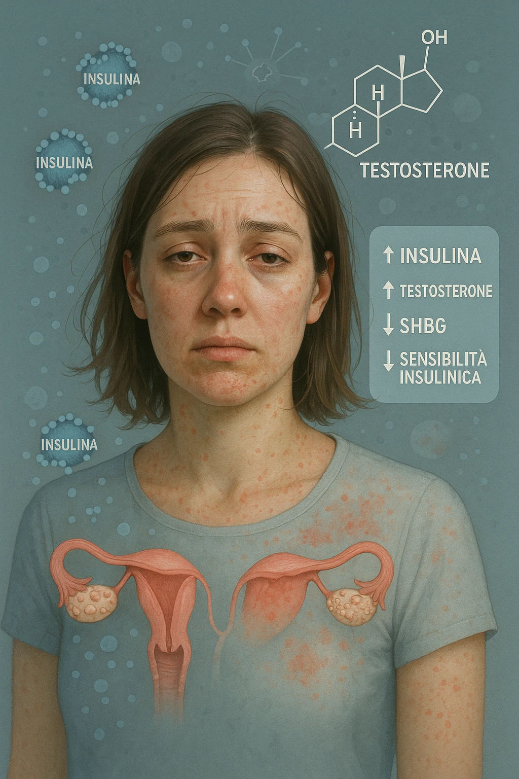 Donna tra i 25 e i 35 anni in primo piano, con espressione affaticata. Intorno al suo corpo appaiono in modo stilizzato e simbolico squilibri ormonali: molecole di insulina in eccesso fluttuano attorno, androgeni (testosterone) evidenziati sopra la testa, segnali visivi di infiammazione cronica lieve. Sopra le ovaie (visibili in trasparenza) compaiono piccole cisti multiple. Accanto a lei, un diagramma stilizzato mostra: '↑ Insulina', '↑ Testosterone', '↓ SHBG', '↓ Sensibilità insulinica'. L’atmosfera è scientifica, educativa ma empatica. Stile realistico con elementi infografici fluttuanti e colori freddi ma puliti. in italiano emoji