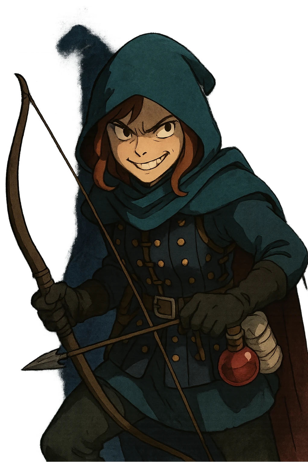 A female rouge , colored hood, wearing brigandine armor with, bow and arrow at the ready, night time shadows, tool belt with red potion and bandages, mischievous grin, anger emoji