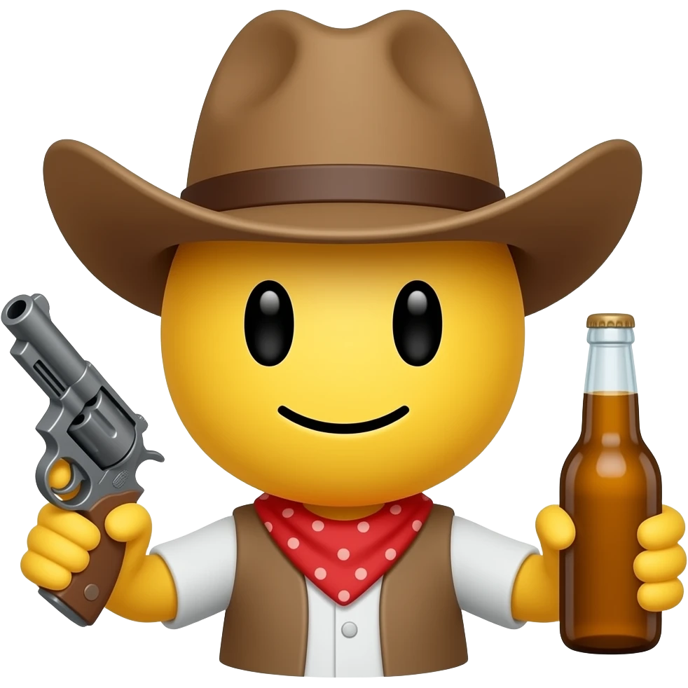 Round yellow emoji that looks more like the iMessage emojis with a cowboy hat holding a gun and beer emoji