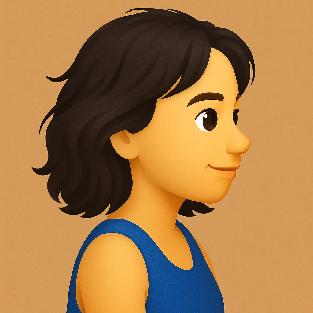 turn the second man in emoji style of the 1st image, match the facial features and match dressing style of the 2nd image, she is wearing blue tank top lose, side pose emoji