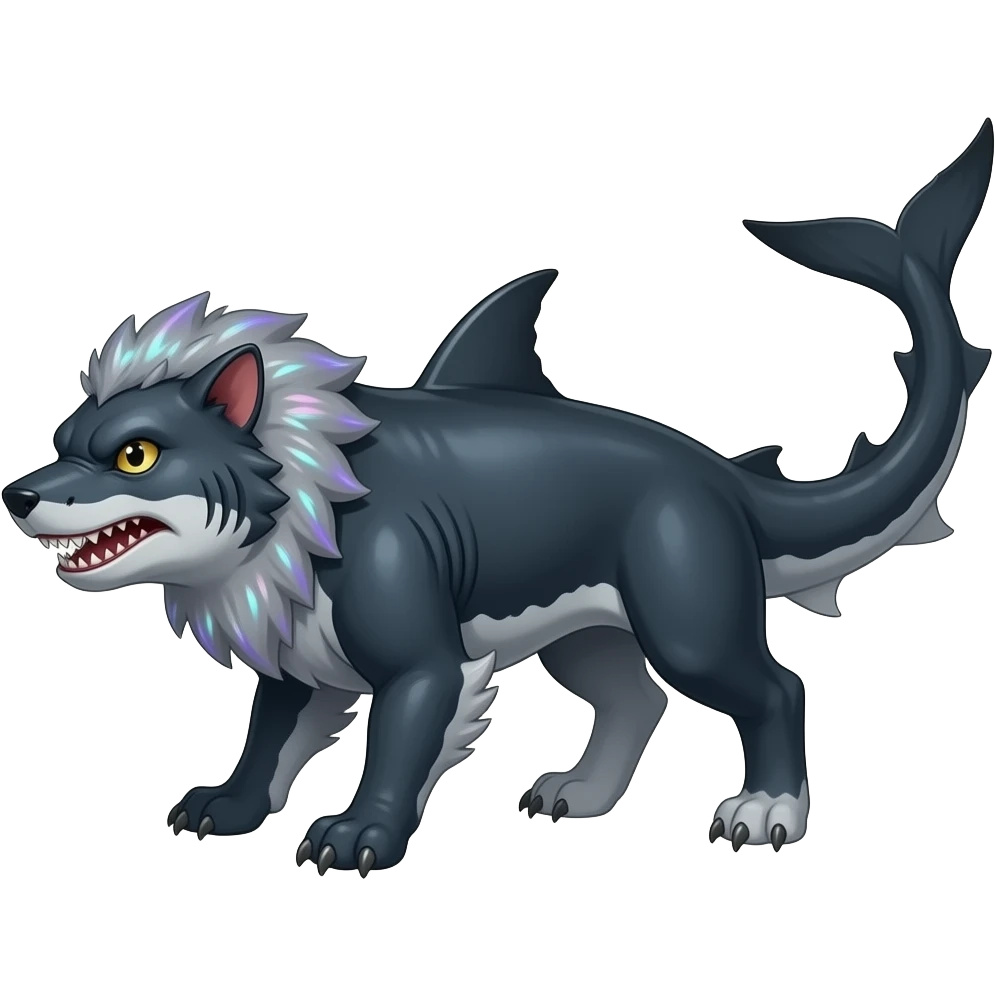 4-legged shimmering ruff rough digitigrade dark badass edgy carvanha-sharpedo-sergal-Houndoom-Shark-Night-Fury-hybrid-fusion-creature, with a long shark tail behind, full body emoji