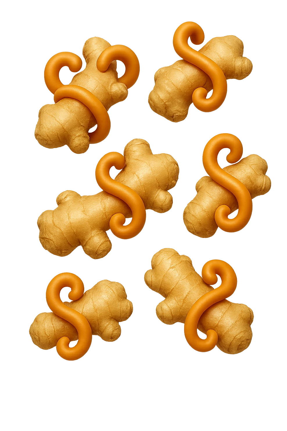 emoji stile iphone 3d di 6 piccoli pezzi di zenzero che fluttuano in aria con pezzi di colon arrotolati intorno, iperrealistico 4k emoji