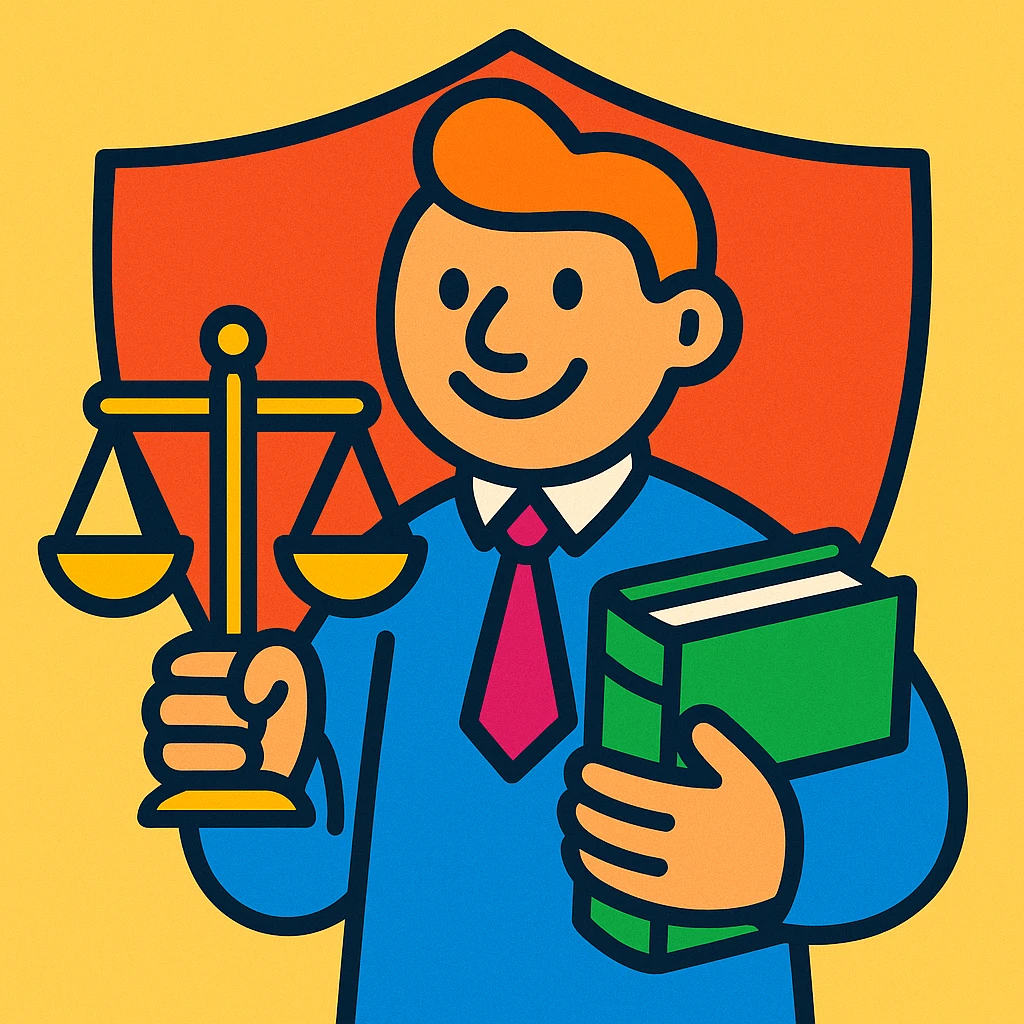 cartoon character with happy or neutral face holding a green book and a gold justice scale, shield in the background, vibrant toon style emoji