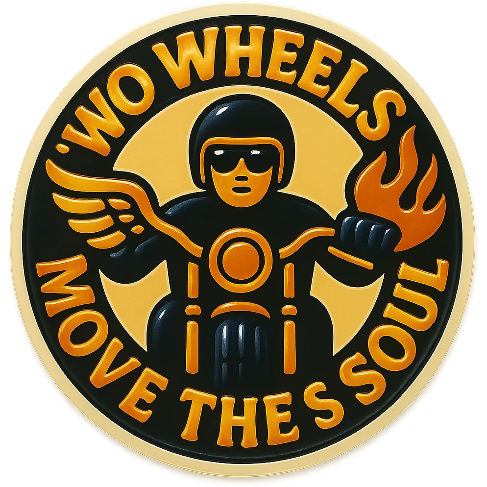 Fix the text to read exactly 'TWO WHEELS MOVE THE SOUL' instead of 'TWO WHEELS MOVE THE S SOUL'. Keep the graphic, style, and layout unchanged. The design is circular with a transparent background and includes motorcycle motifs. emoji