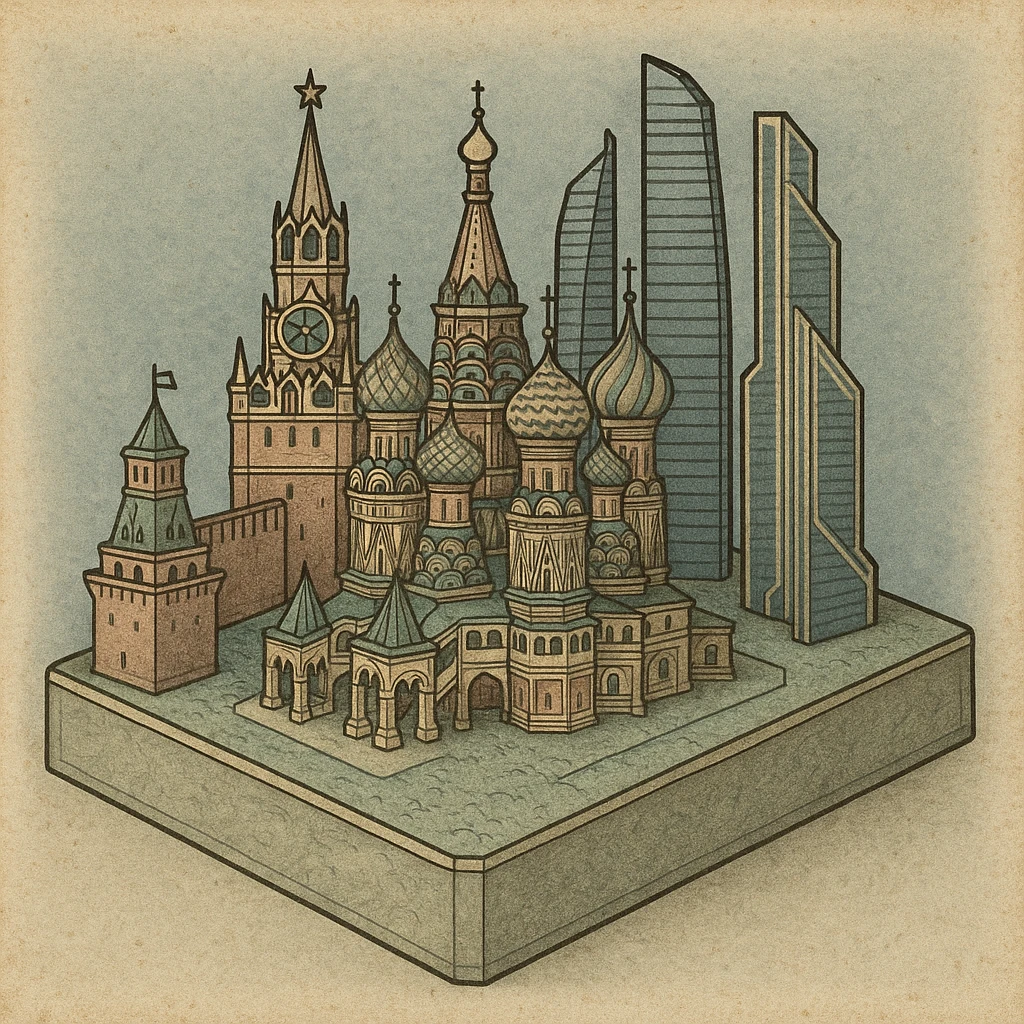 Изометричная миниатюрная 3D модель Москвы на подставке - фотореалистичный Кремль, собор Василия Блаженного, Башни Москва-Сити, аккуратная детализация, яркие цвета мультяшный реализм, компактная композиция,  вид сверху в изометрии emoji