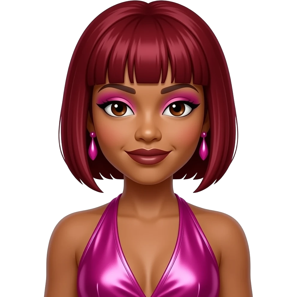 Tionne T-Boz Watkins from TLC with dark brown eyes, ruby red 90s short bob hair with long sideburns, pink eyeshadow, dark brown lipstick, hot pink metallic halter dress, pink earrings emoji