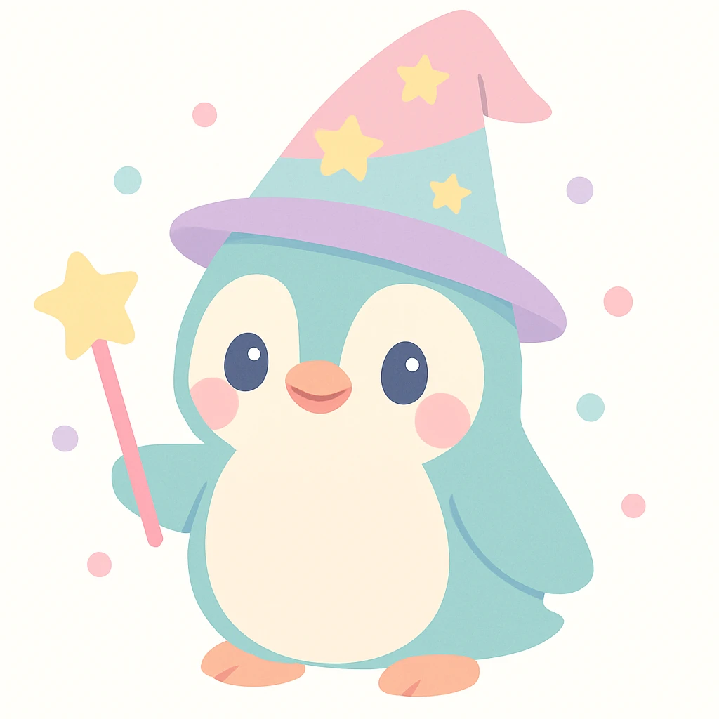 cute penguin wizard wearing a magical hat, holding a wand, cheerful expression, soft colors emoji