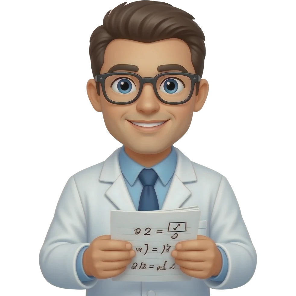 3D Apple‑style emoji — a curious scientist. Glasses, lab coat, holding notes with formulas. emoji