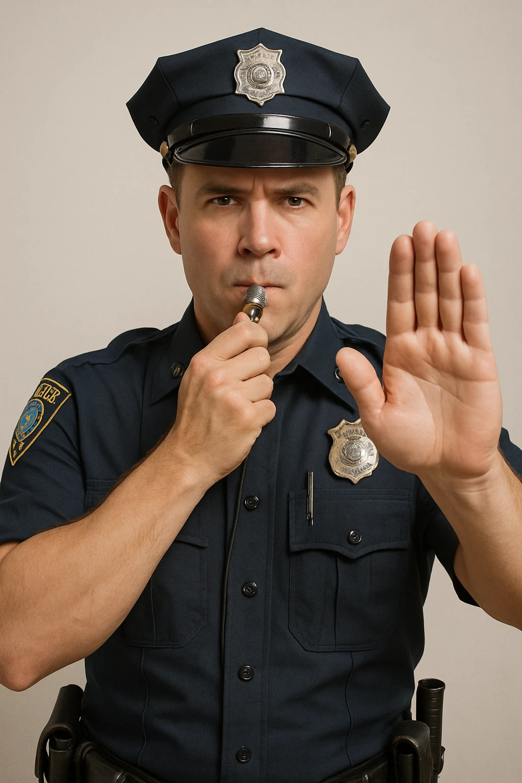 a police officer facing forward, blowing a whistle, holding one hand up in a stop gesture, detailed uniform, clear facial expression, simple background emoji