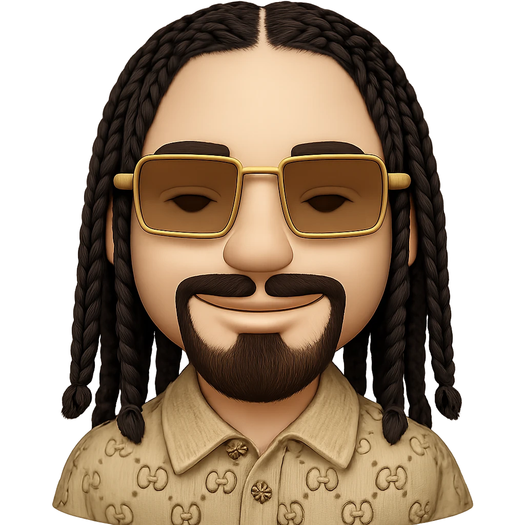 emoji of a smiley with a slim face, light skin, beard only on chin, mustache above upper lip, no hair under lower lip, highly detailed black braided hair, rectangular gold sunglasses, beige top with GG pattern and collar, transparent background, faithfully follow reference photos emoji