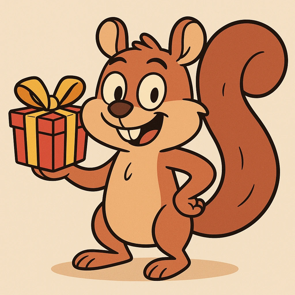 fun, friendly squirrel holding a gift with one hand, cartoon style, playful and cute emoji