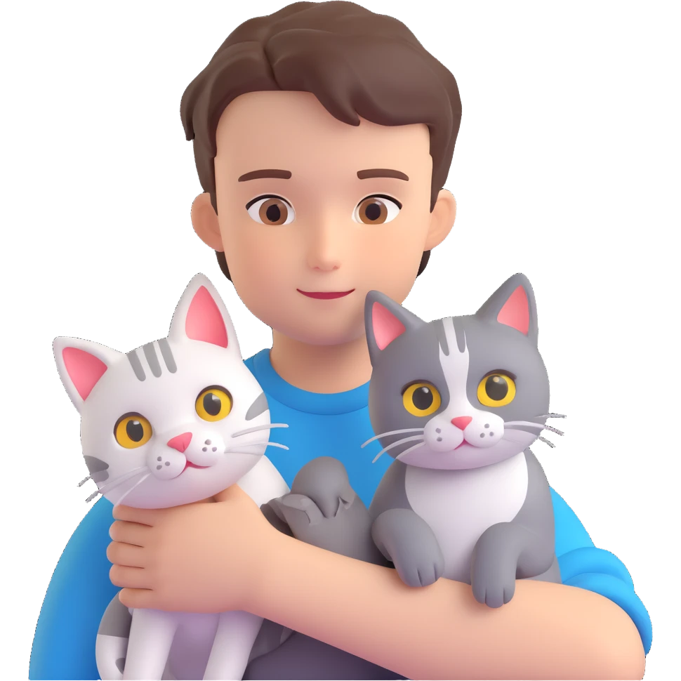 boy and cat pet in forrest background, close up pose emoji