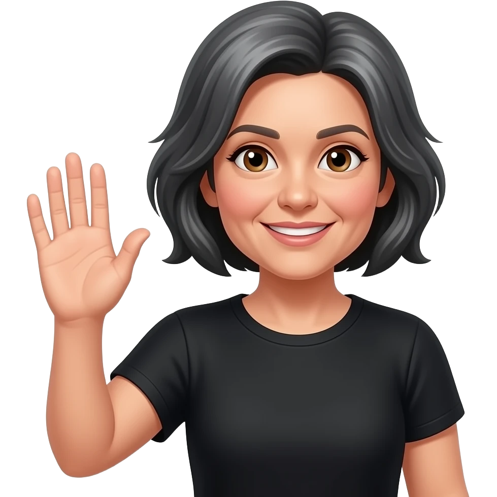 MUJER NO TAN VIEJA CON PELO GRIS SEMI CORTO OSCURO LEVANTANDO LA MANO DERECHA COMO PIDIENDO TURNO CON REMERA NEGRA CON OJOS MARRONES emoji