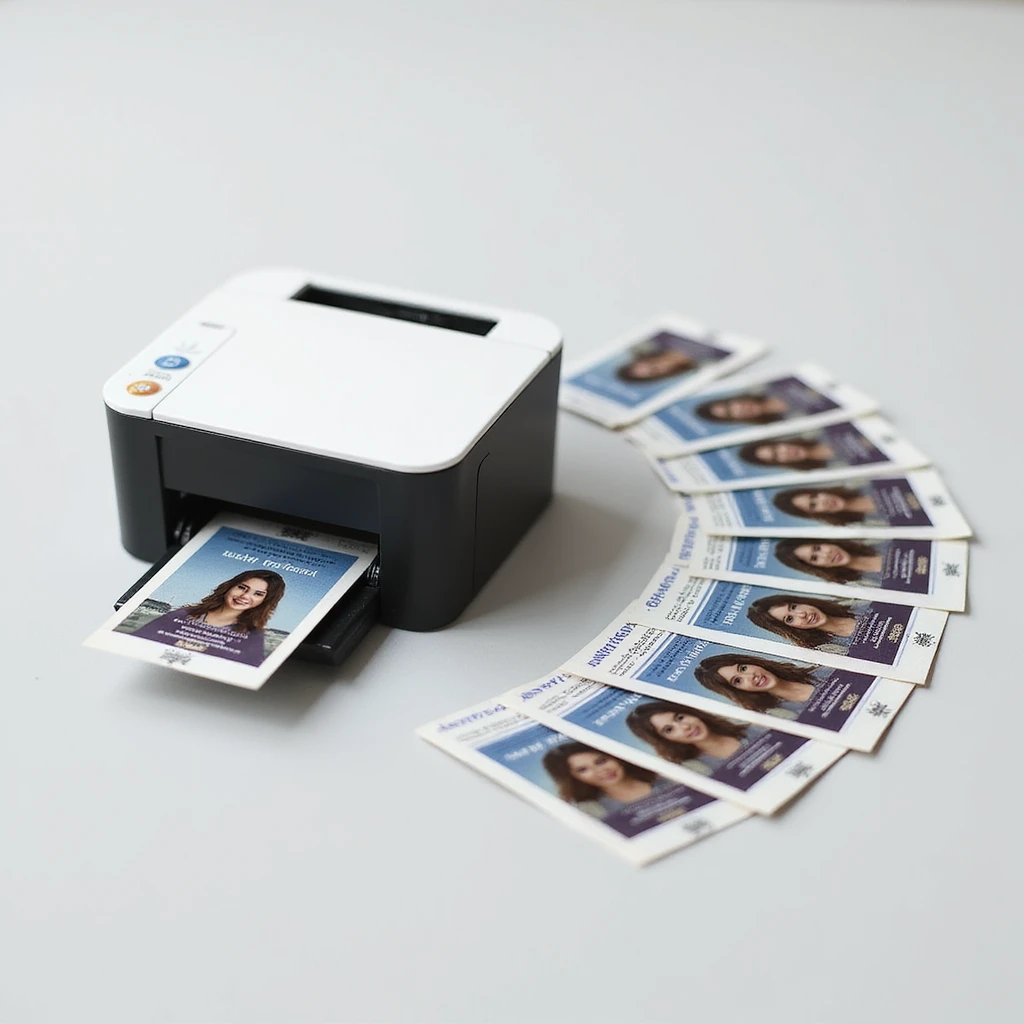 realistic thumbnail for a passport size photo printing service, with a printer and a wide array of printed passport photos arranged in a fan shape beside it, on a clean background emoji