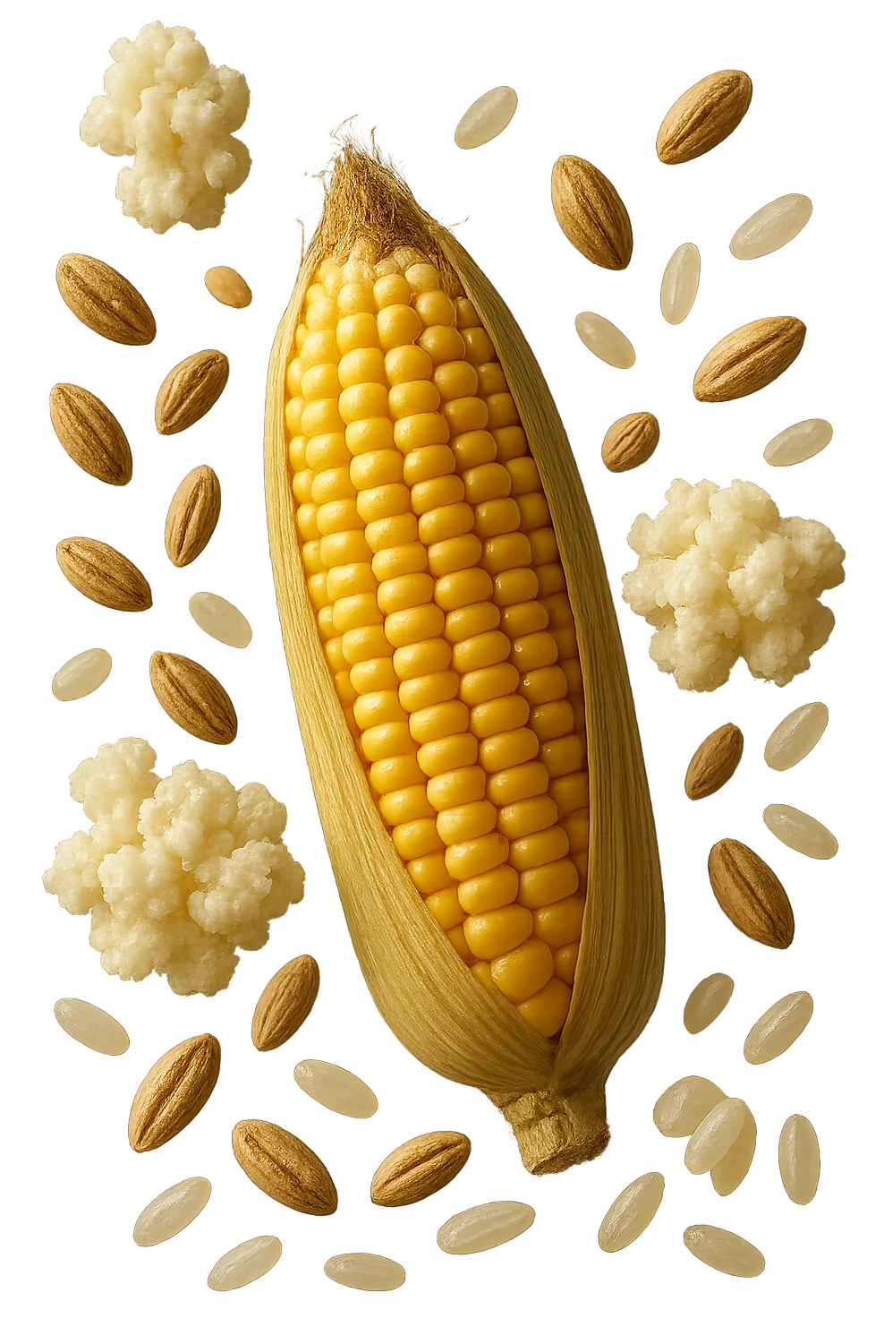 MAIS, FARRO, RISO, KEFIR FLUTTUANO IN ARIA, IPERREALISTICO 4K emoji