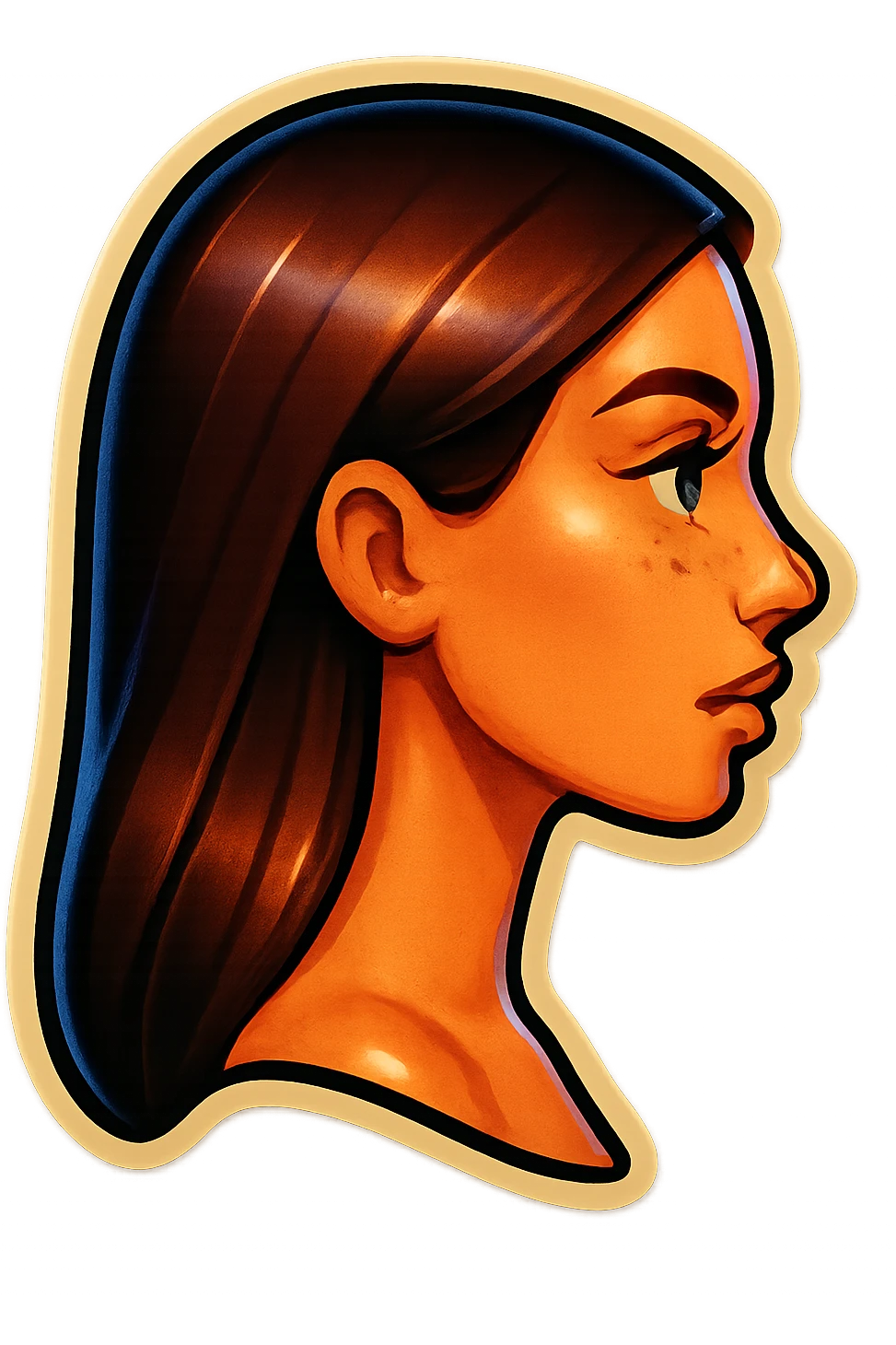Create a side view (profile) of this woman's head, matching the same cartoon emoji style, with long dark hair and similar facial features. Variant 3. emoji