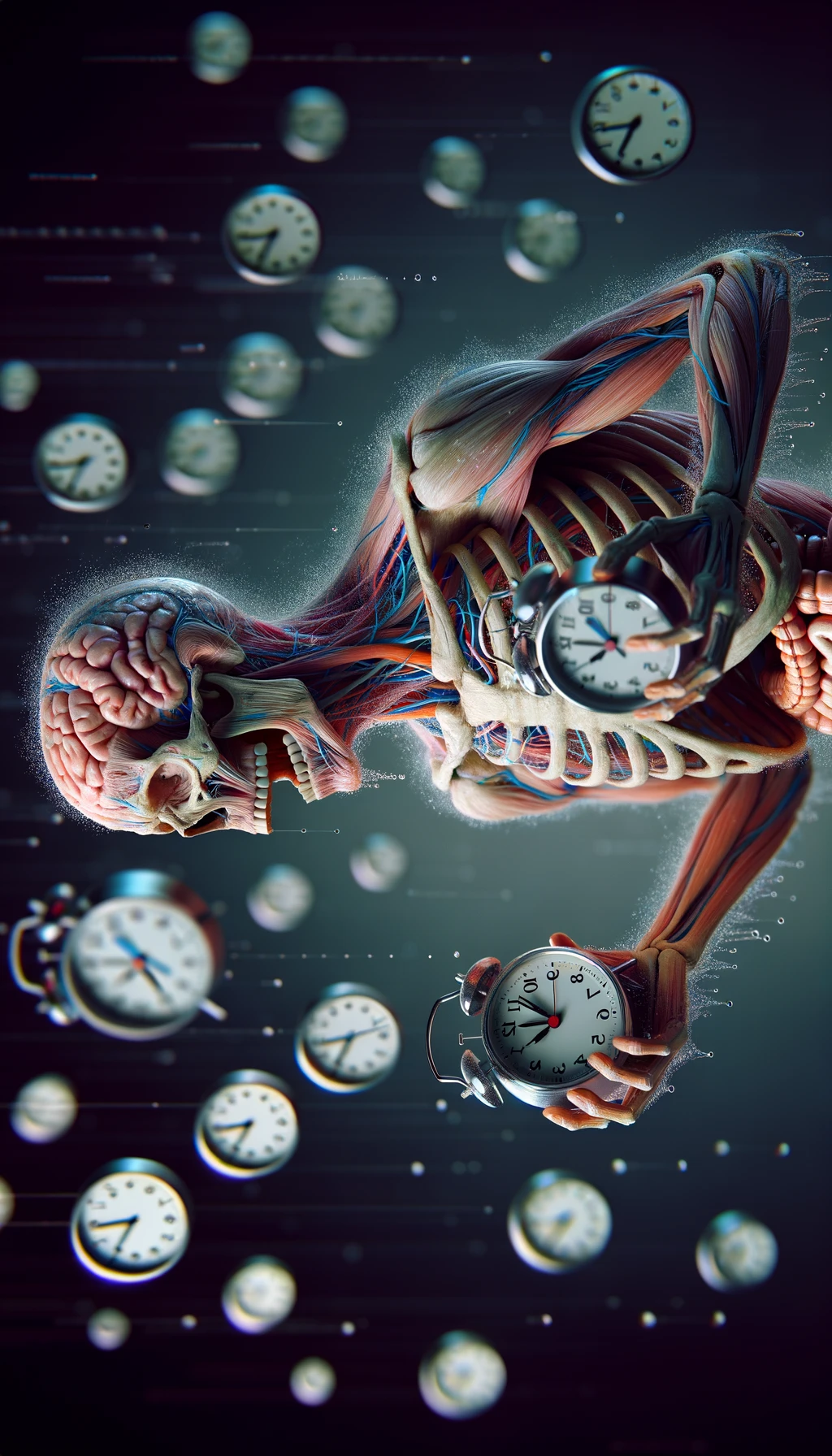 corpo umano anatomico CHE TIENE OROLOGI NELLE MANI E STA IMPAZZENDO PERCHé NON RIESCE A SVOLGERE TUTTE LE SUE ATTIVITà QUOTIDIANE: NON HA TEMPO, iperrealistico 4k emoji