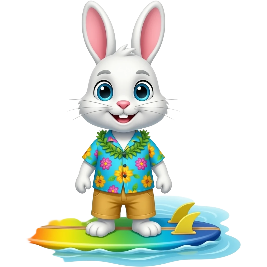 white Rabbit on colourful surfboard with aloha shirt emoji