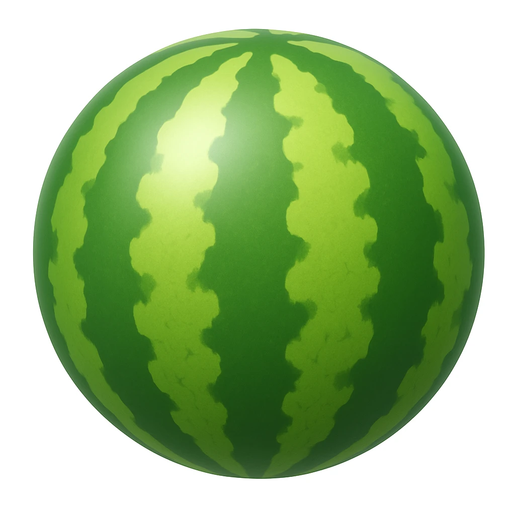 Create a watermelon emoji that looks exactly like the reference image (ignore the crocodile) in the style of iOS emojis. The emoji should have a 3D appearance with shiny, smooth gradients, soft shadows, and a realistic watermelon texture, capturing the classic emoji look. Add a subtle highlight to the rind. emoji