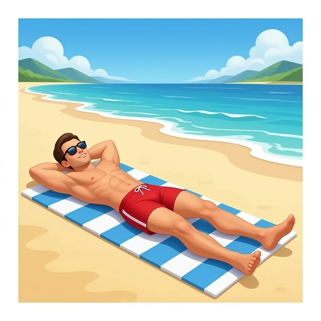 Erstelle ein Bild von einem Strand, mit im Bild ist ein Mann zusehen der sich im liegen sonnt, er trägt rote enge speedo und Oberkörper frei und trägt eine Sonnenbrille emoji