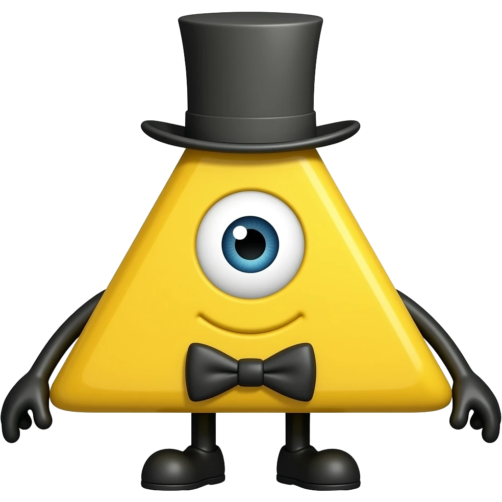 A yellow triangle with ABSOLUTELY NO MOUTH no mouth, an eye, bow tie, little pitch black arms, little pitch black legs and a top hat that looks like an upside down T emoji