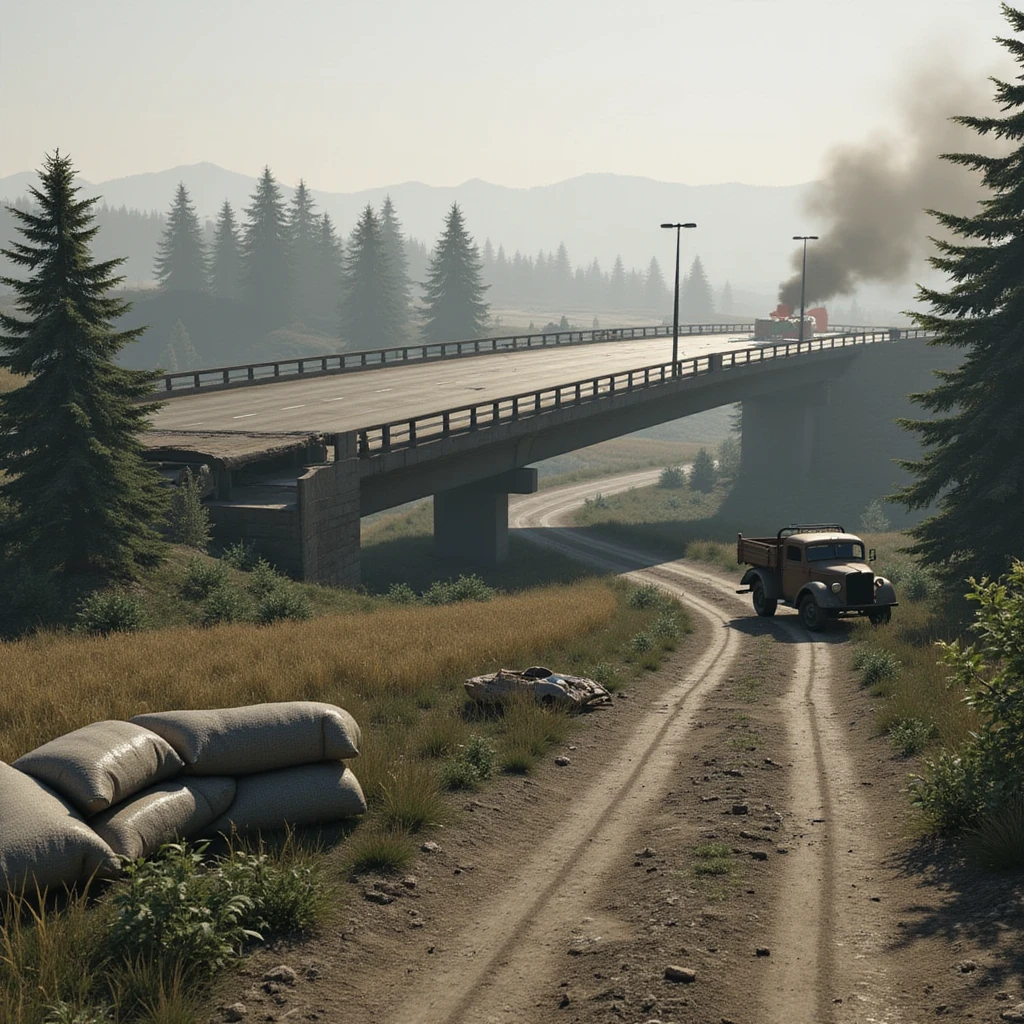  a screenshot of a location in a videogame  the image of the scene consists of:  [above-ground freeway partially collapsed], a wooded area, a small field of wheat, sandbag barricades. distant smoke. uneven terrain, derelict vintage work trucks, more distant smoke. polluted and war-torn emoji