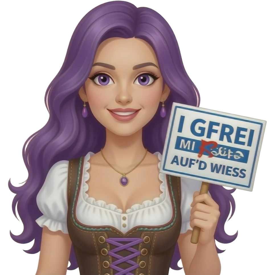 sexy girl with long purple hair and purple eyes wearing a dirndl holding a I GFREI MI SCHO AUF'D WIESN sign emoji