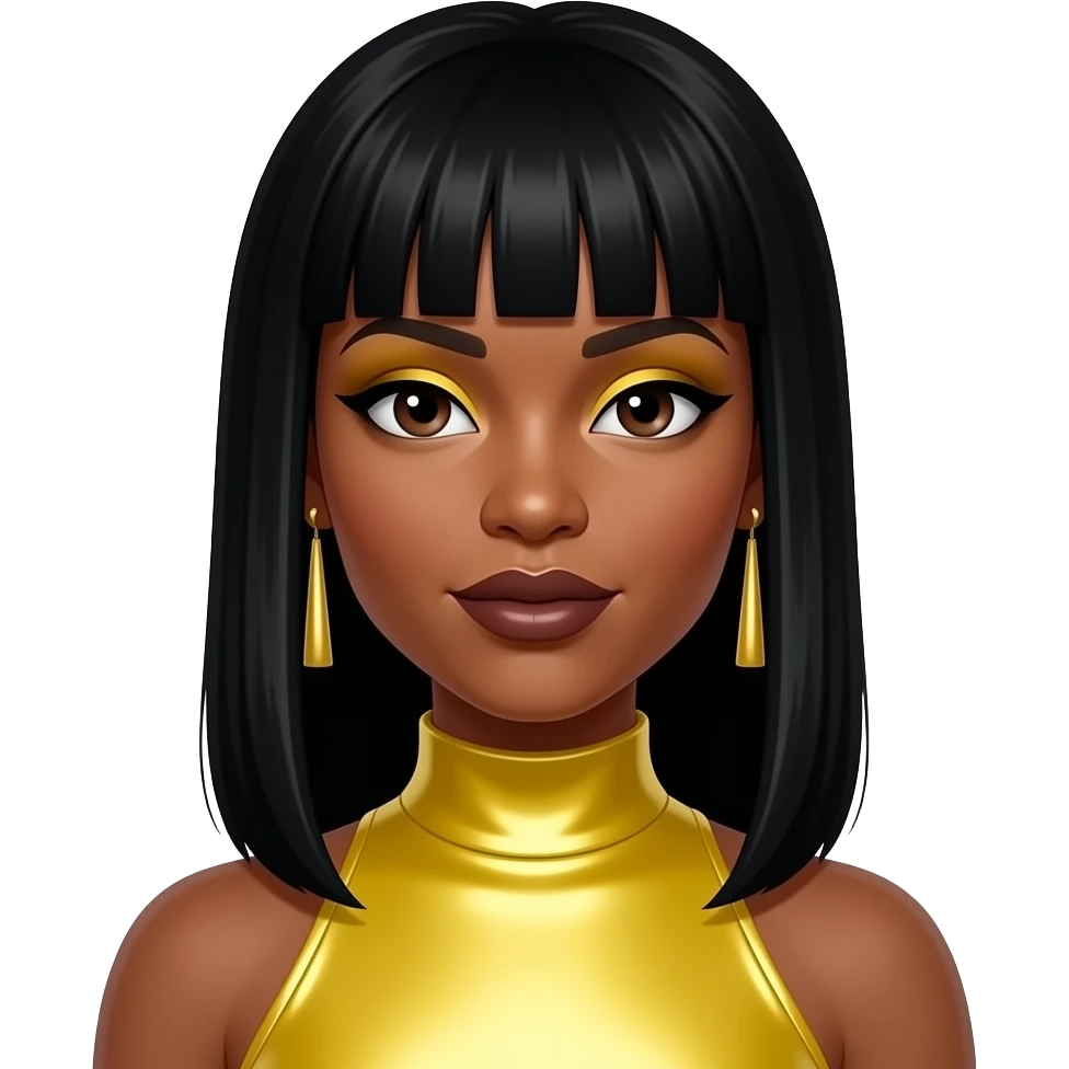 Rozonda Chilli Thomas from TLC with dark brown eyes, black 1990s straight hair, yellow eyeshadow, dark brown lipstick, yellow metallic high neck dress, earrings emoji