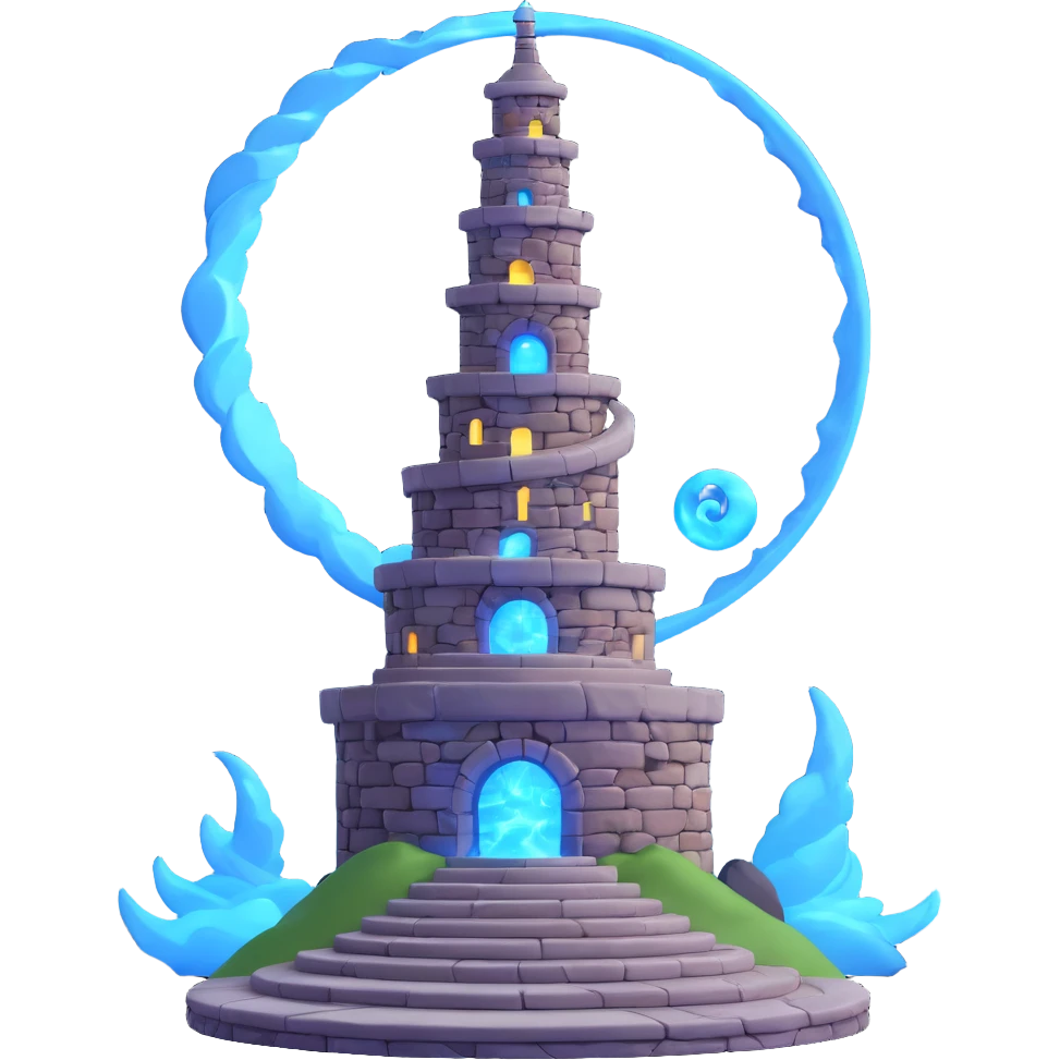 3D photorealistic stone tower spiraling form large base citadel encircled by spiral ramps tower reaching nebula night sky illuminated by glowing blue torches moonlight symbolizing spiritual animistic realm emoji icon emoji