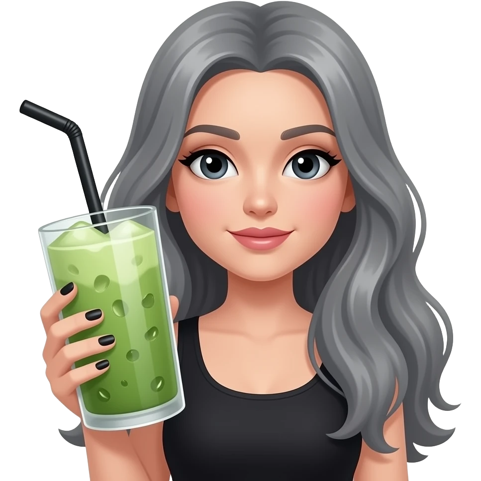 lady with black eyes and grey really long hair black nails and holding a big iced matcha emoji