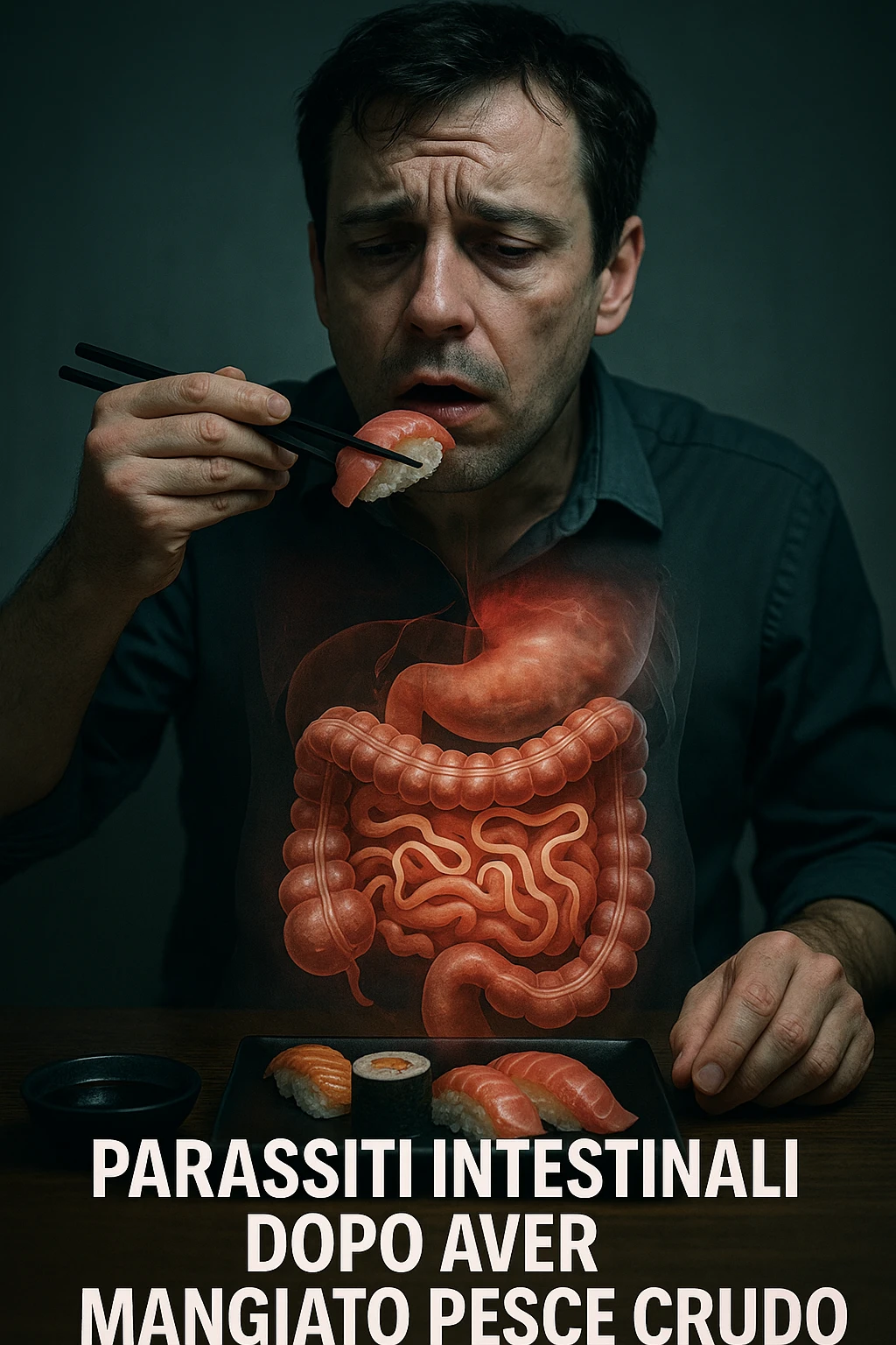vertical realistic cinematic image of a man eating sushi and raw fish, with a transition showing the appearance of intestinal parasites and early symptoms of illness, clinical dramatic lighting, Italian captions, aspect ratio 2:3 emoji