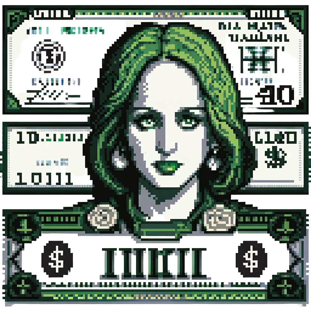A pixel art style image of a dollar bill, featuring a green and black pixelated design with a portrait and intricate details, simple and retro design, no additional text or symbols. emoji
