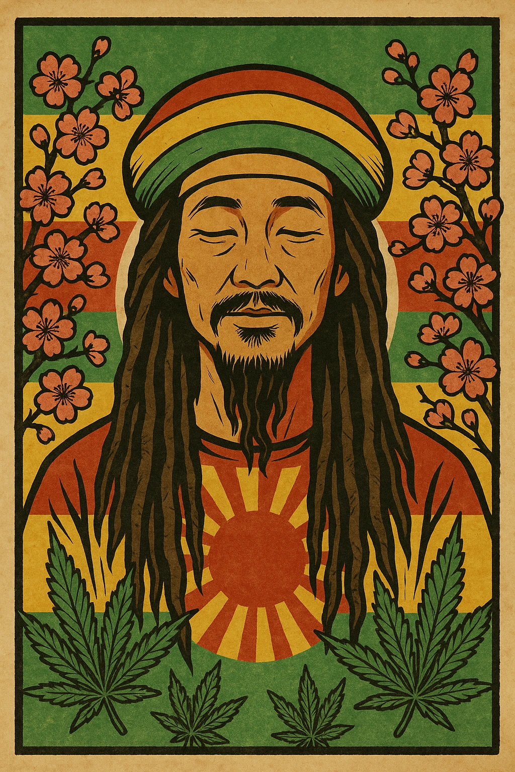Vintage poster of an Asian Rasta with long dreadlocks, peaceful eyes, and a red-gold-green tam. Surrounded by cherry blossoms and ganja leaves. Background blends Rasta colors into an Asian flag (e.g., red sun from Japan or Chinese star). Retro reggae fusion vibe, with bold lines and aged paper texture.
 emoji